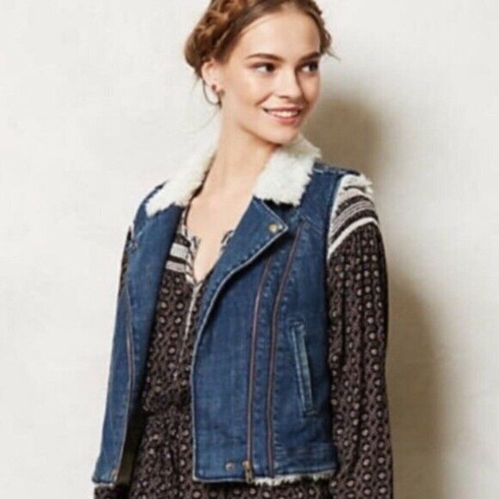 ANTHRO DAUGHTERS OF THE LIBERATION Denim Sherpa Fur Vest M - Picture 9 of 9